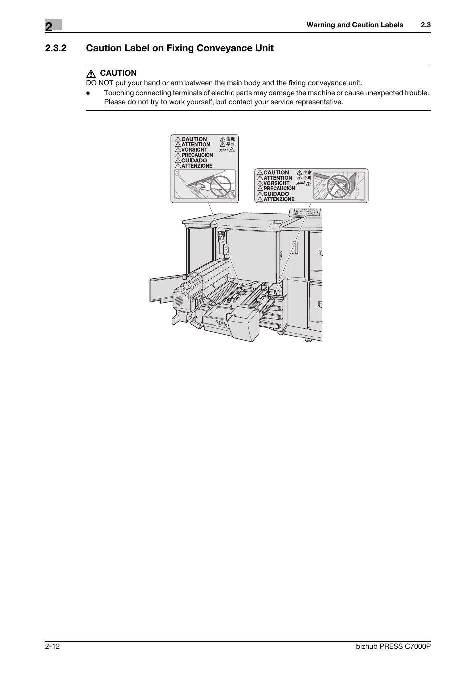 2 caution label on fixing conveyance unit, Caution label on fixing conveyance unit -12 | Konica Minolta bizhub PRESS C7000P User Manual | Page 17 / 42