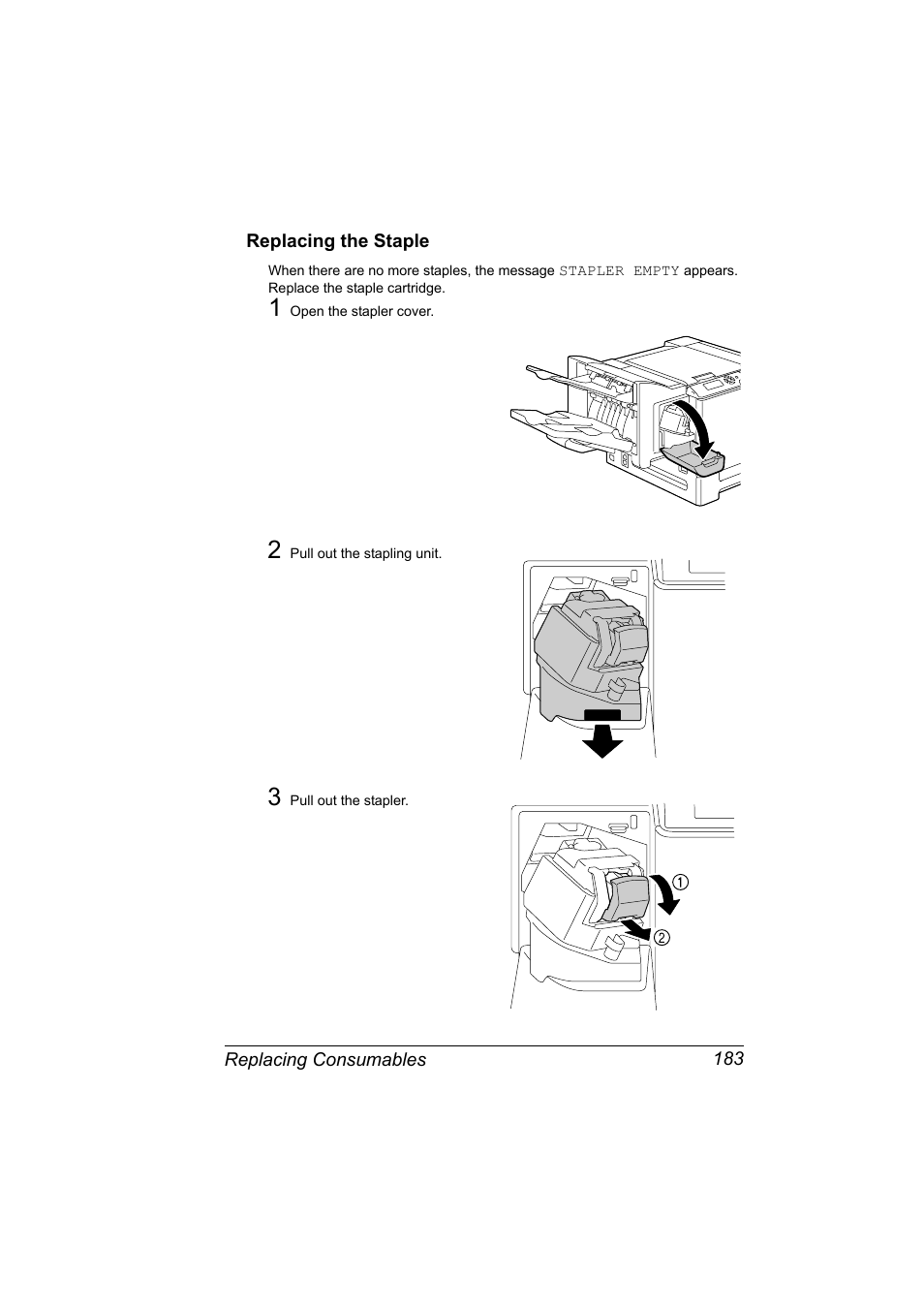 Replacing the staple, Replacing the staple 183 | Konica Minolta magicolor 5650 User Manual | Page 197 / 302