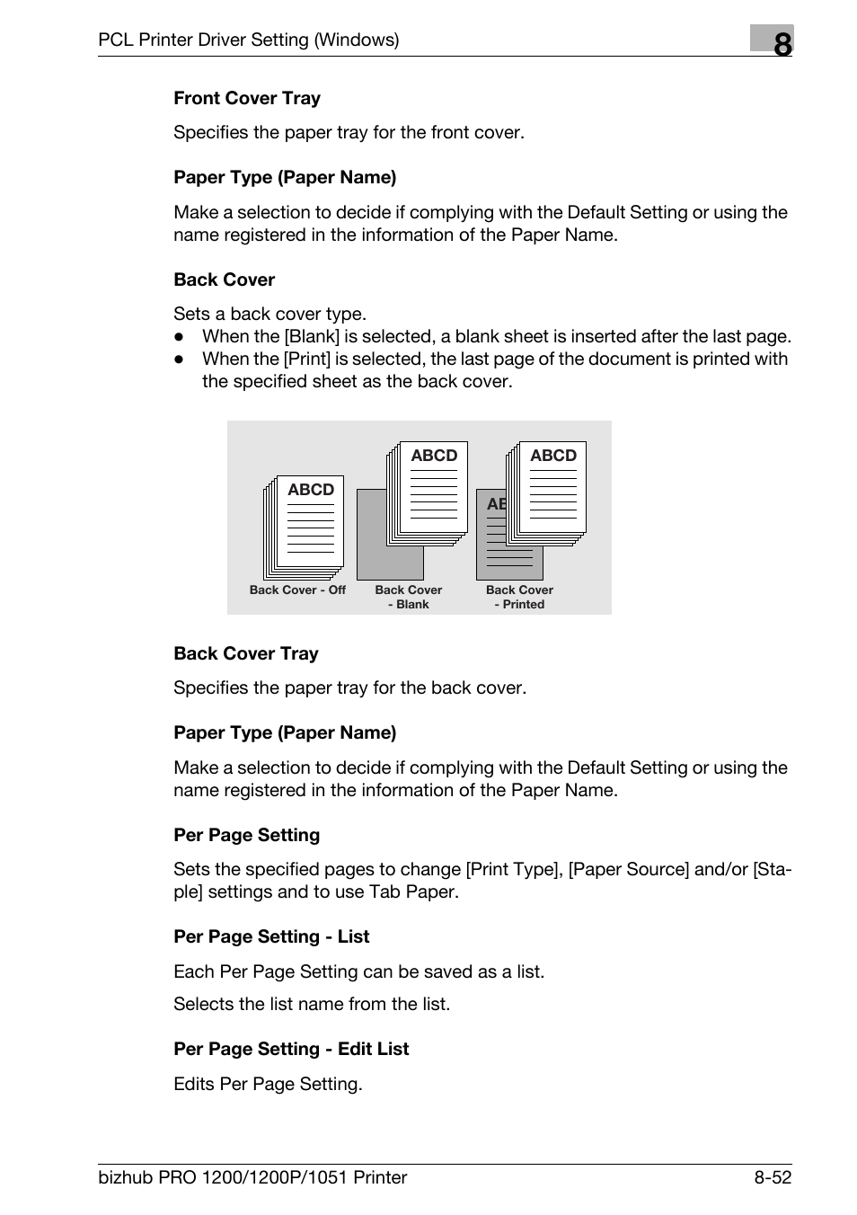 Front cover tray, Paper type (paper name), Back cover | Back cover tray | Konica Minolta bizhub PRO 1051 User Manual | Page 183 / 355