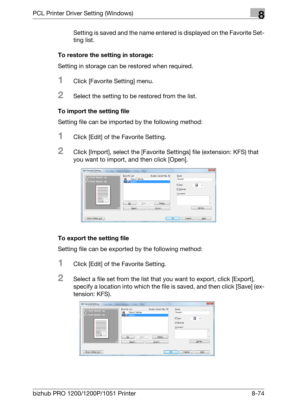 To restore the setting in storage, To import the setting file, To export the setting file | Konica Minolta bizhub PRO 1051 User Manual | Page 205 / 355