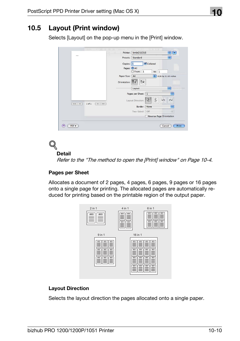 5 layout (print window), Layout direction, Layout (print window) -10 | Postscript ppd printer driver setting (mac os x), Detail | Konica Minolta bizhub PRO 1051 User Manual | Page 261 / 355