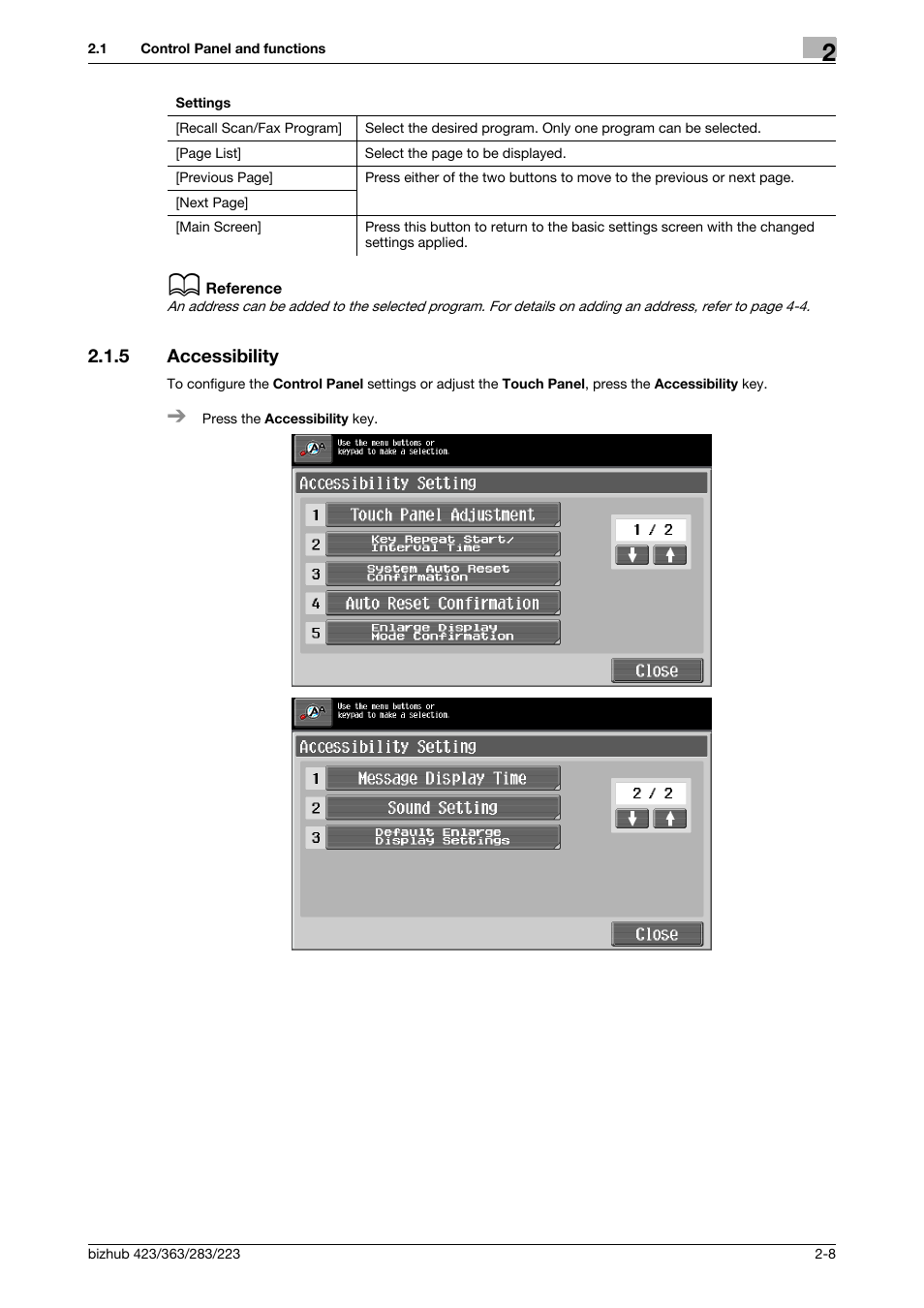 5 accessibility, Accessibility -8, P. 2-8 | Konica Minolta BIZHUB 223 User Manual | Page 16 / 60