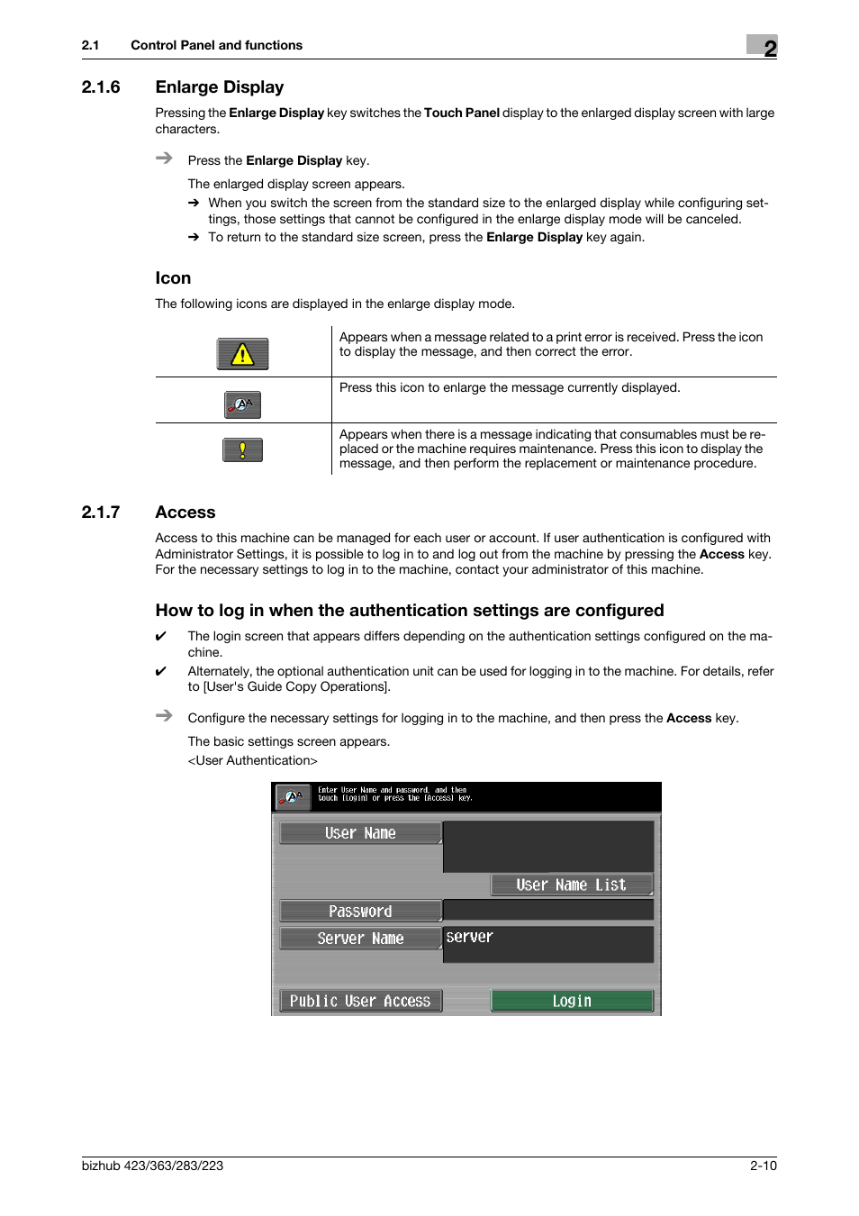 6 enlarge display, Icon, 7 access | Enlarge display -10 icon -10, P. 2-10 | Konica Minolta BIZHUB 223 User Manual | Page 18 / 60