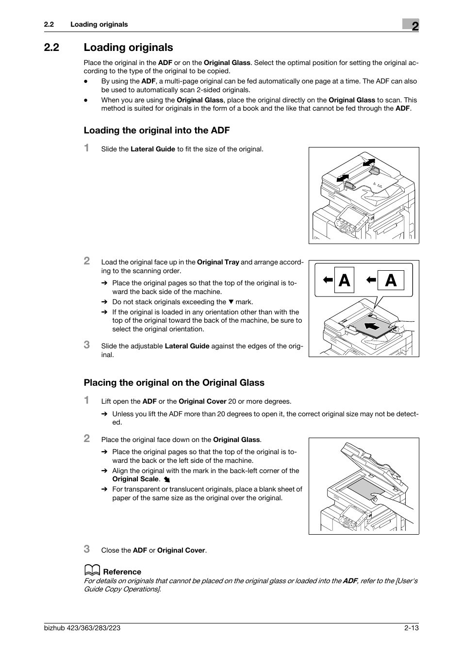 2 loading originals, Loading the original into the adf, Placing the original on the original glass | Konica Minolta BIZHUB 223 User Manual | Page 21 / 60