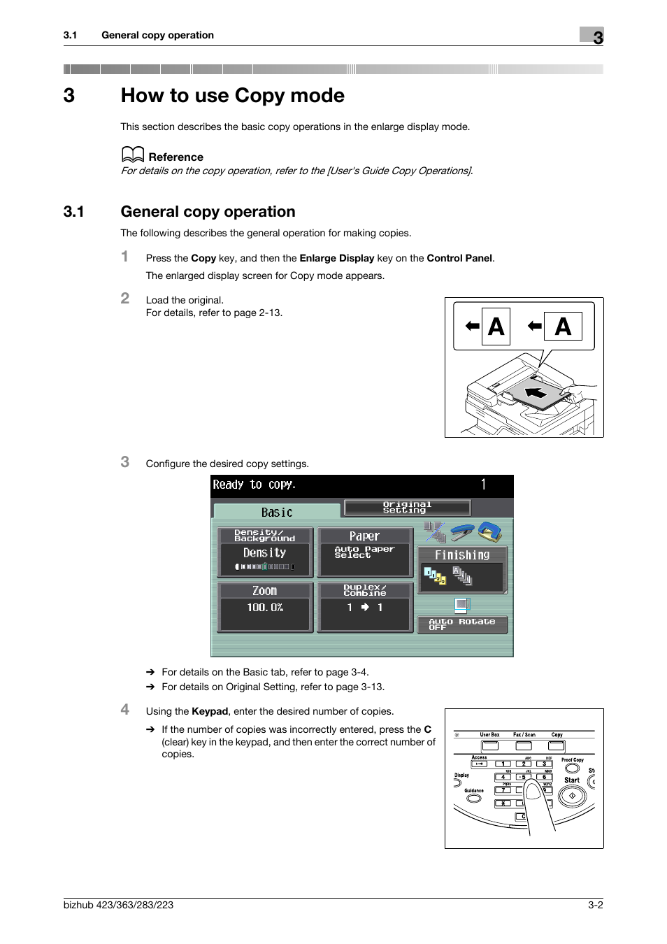 3 how to use copy mode, 1 general copy operation, How to use copy mode | General copy operation -2, To "3 how to use copy mode" and "4, 3how to use copy mode | Konica Minolta BIZHUB 223 User Manual | Page 23 / 60