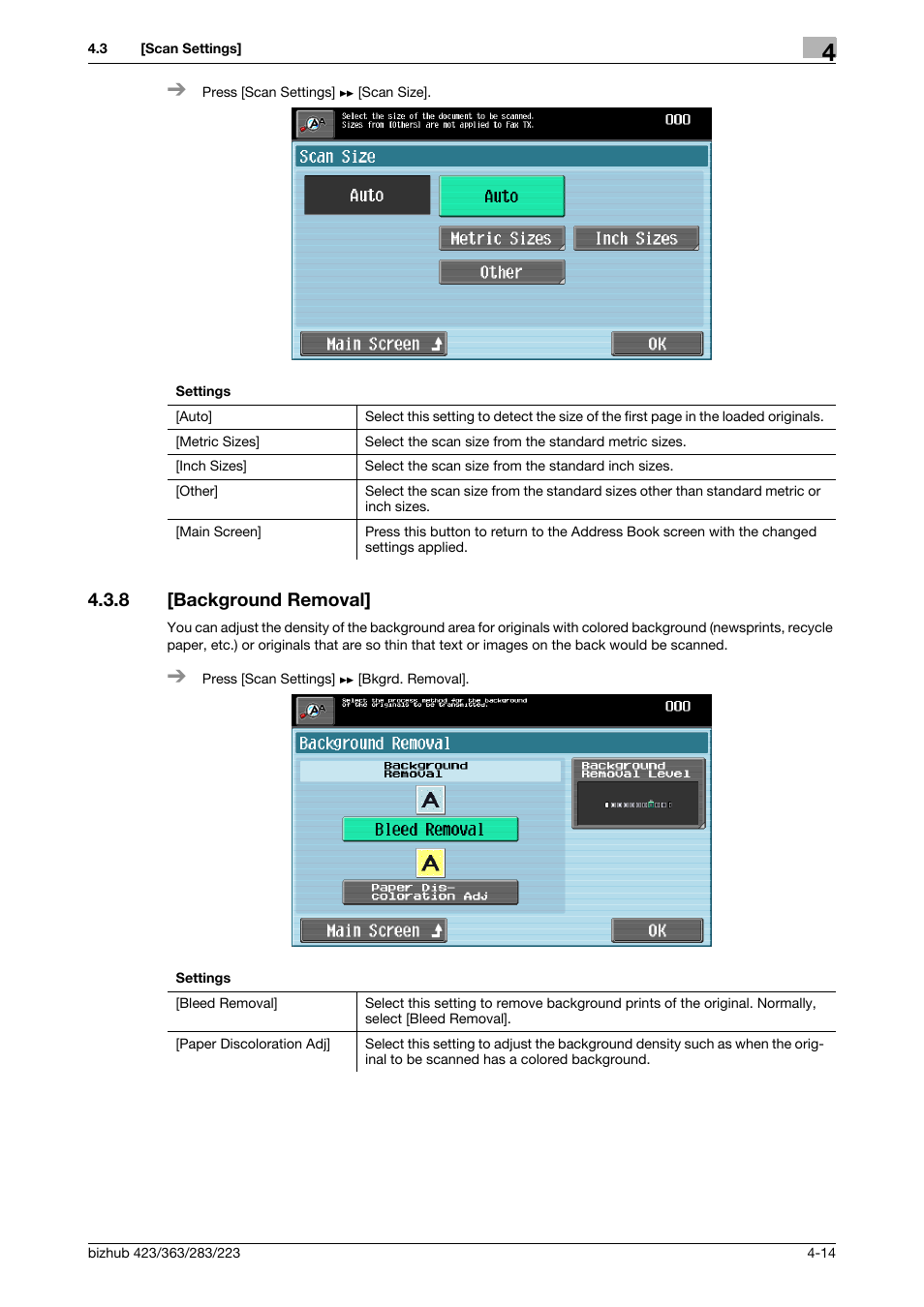 8 [background removal, Background removal] -14, P. 4-14 | Konica Minolta BIZHUB 223 User Manual | Page 52 / 60