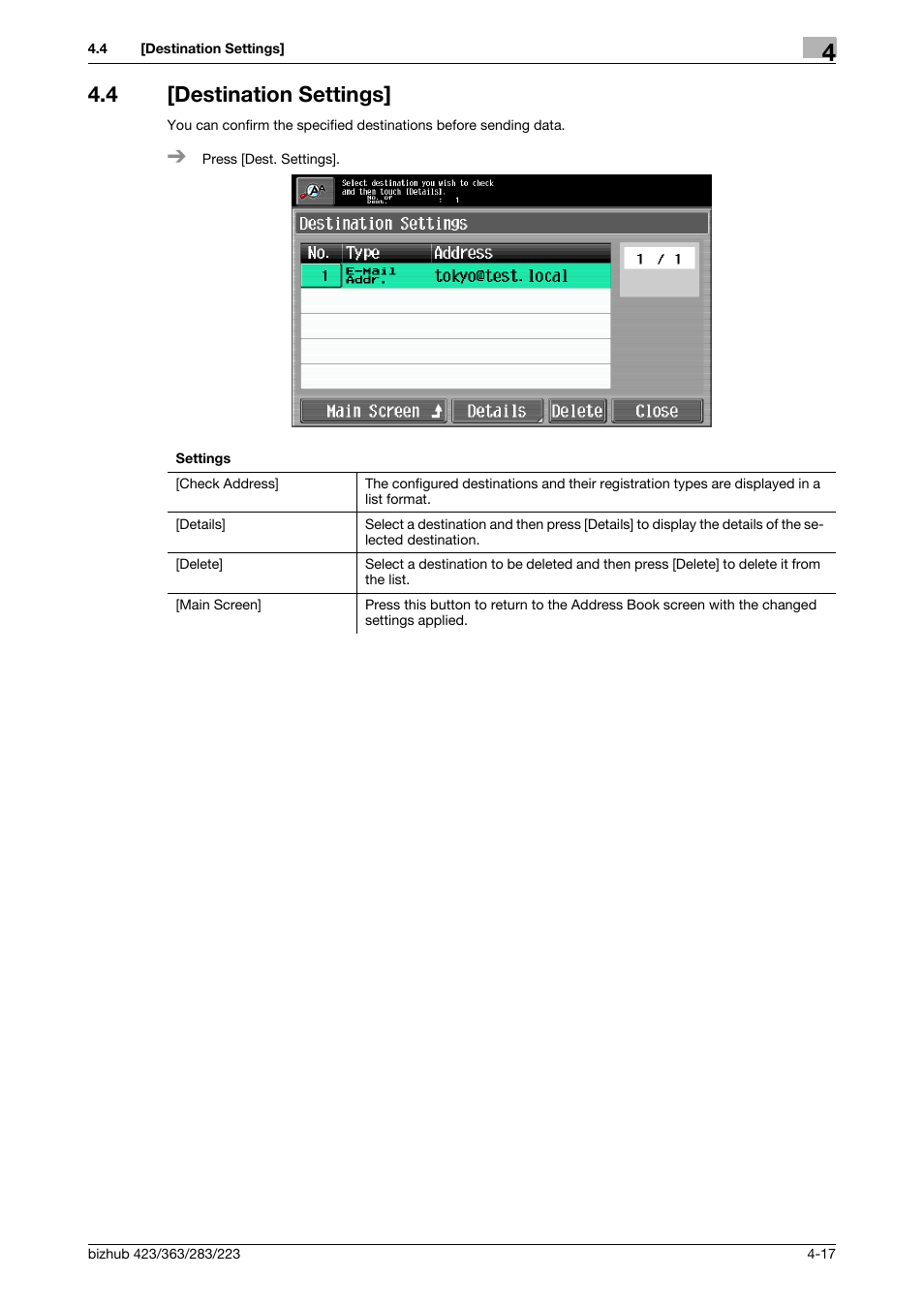 4 [destination settings, Destination settings] -17 | Konica Minolta BIZHUB 223 User Manual | Page 55 / 60