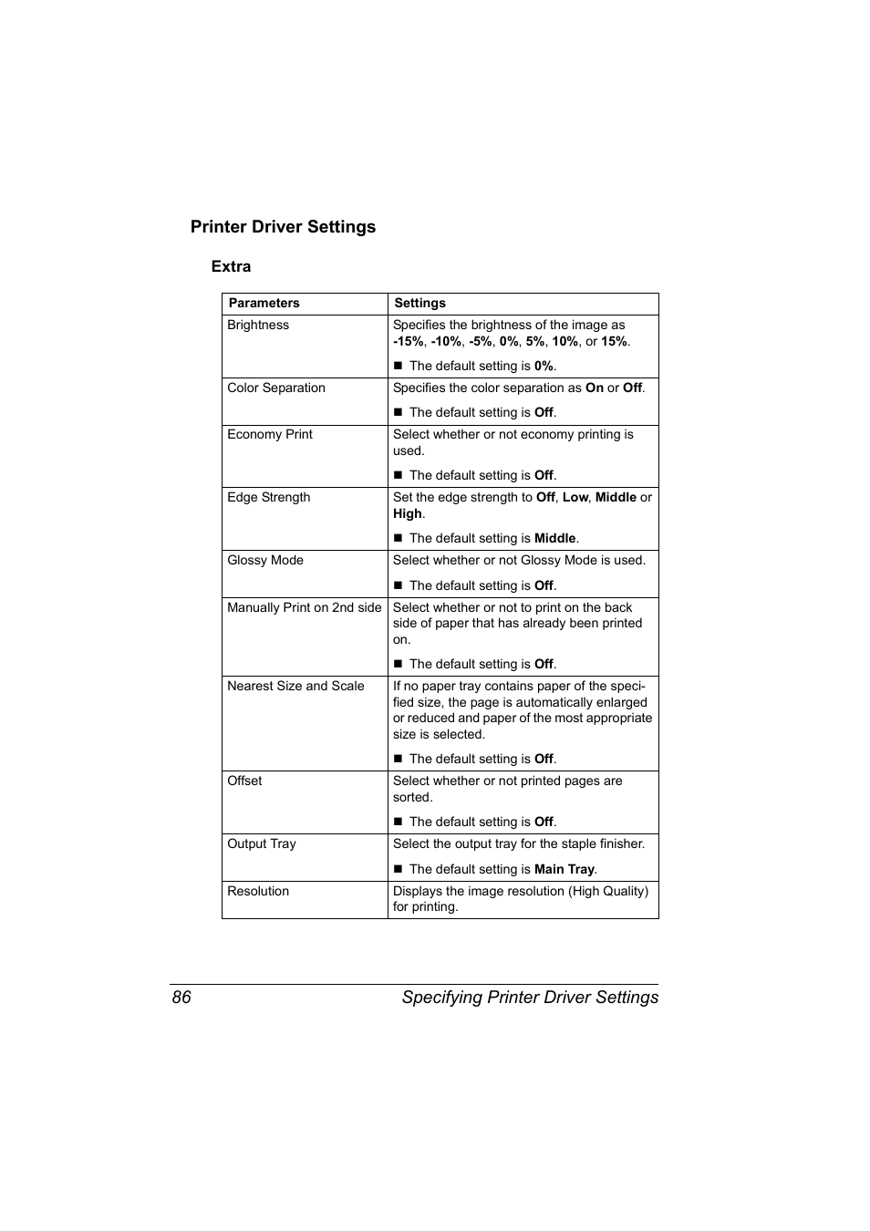 Printer driver settings, Extra, Printer driver settings 86 | Extra 86 | Konica Minolta BIZHUB C30P User Manual | Page 104 / 292