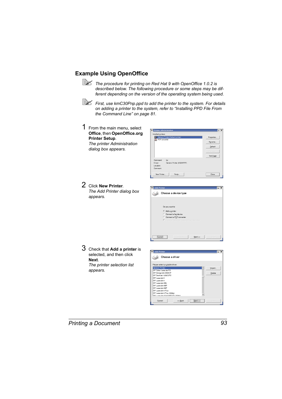 Example using openoffice, Example using openoffice 93 | Konica Minolta BIZHUB C30P User Manual | Page 111 / 292