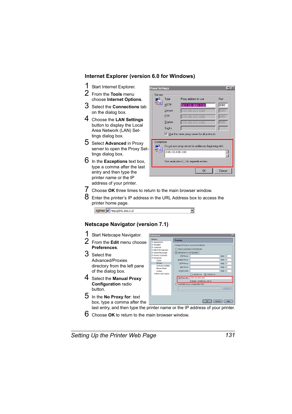 Internet explorer (version 6.0 for windows), Netscape navigator (version 7.1) | Konica Minolta BIZHUB C30P User Manual | Page 149 / 292