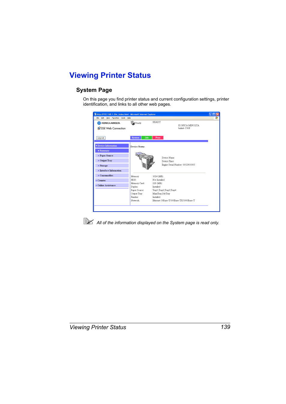 Viewing printer status, Viewing printer status 139 | Konica Minolta BIZHUB C30P User Manual | Page 157 / 292