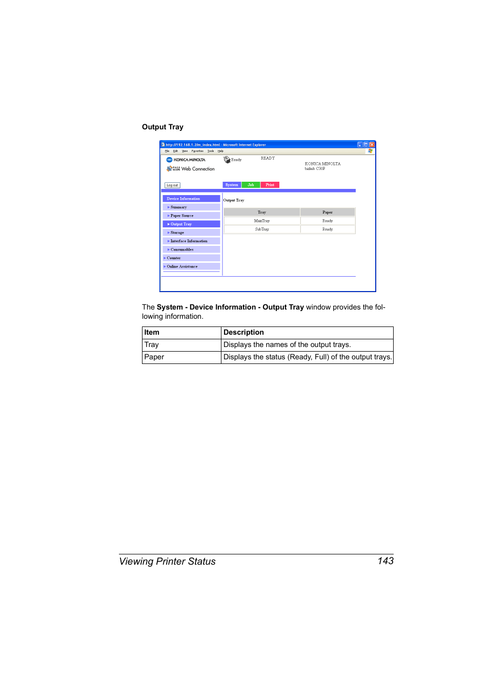 Viewing printer status 143 | Konica Minolta BIZHUB C30P User Manual | Page 161 / 292