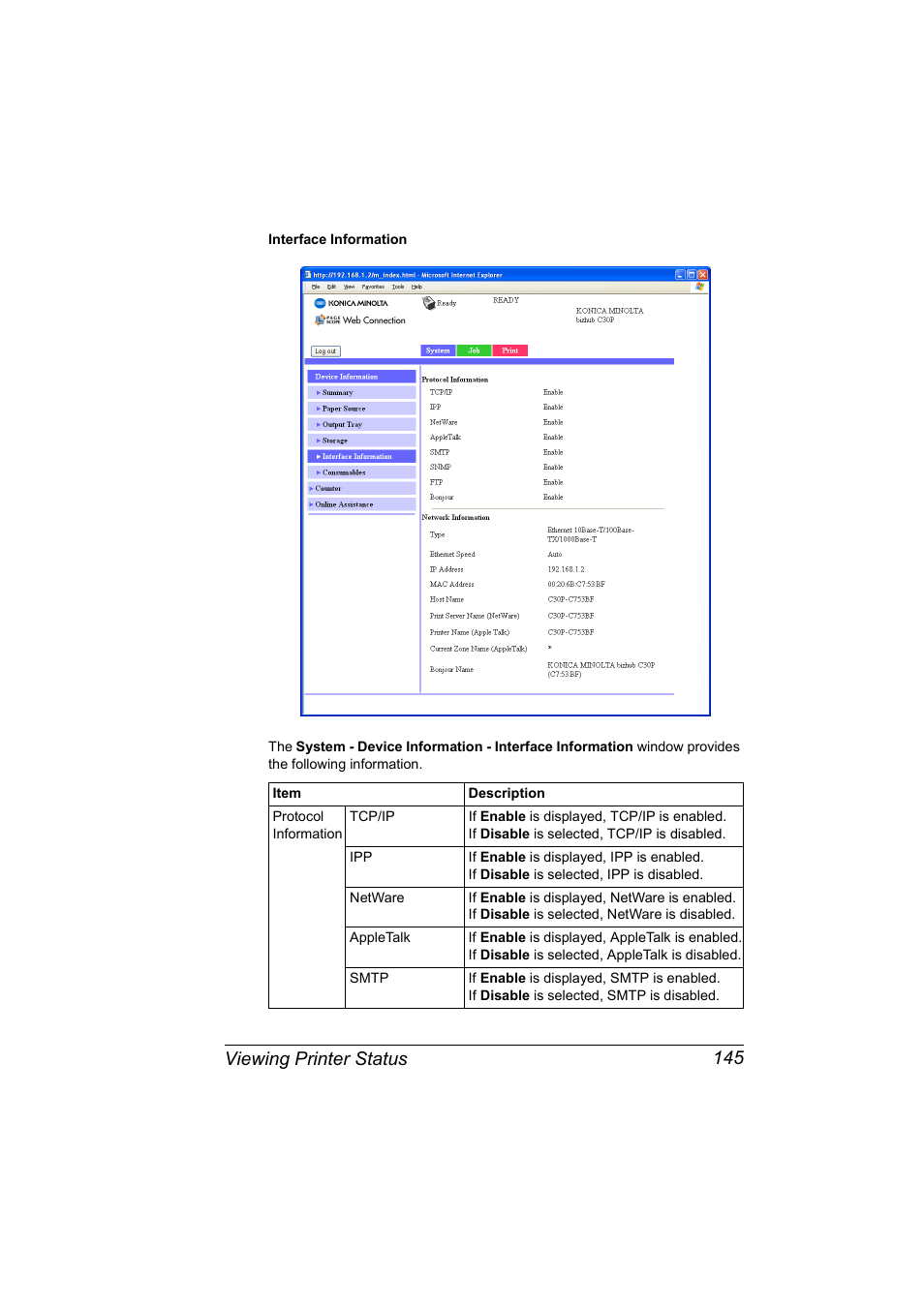 Viewing printer status 145 | Konica Minolta BIZHUB C30P User Manual | Page 163 / 292