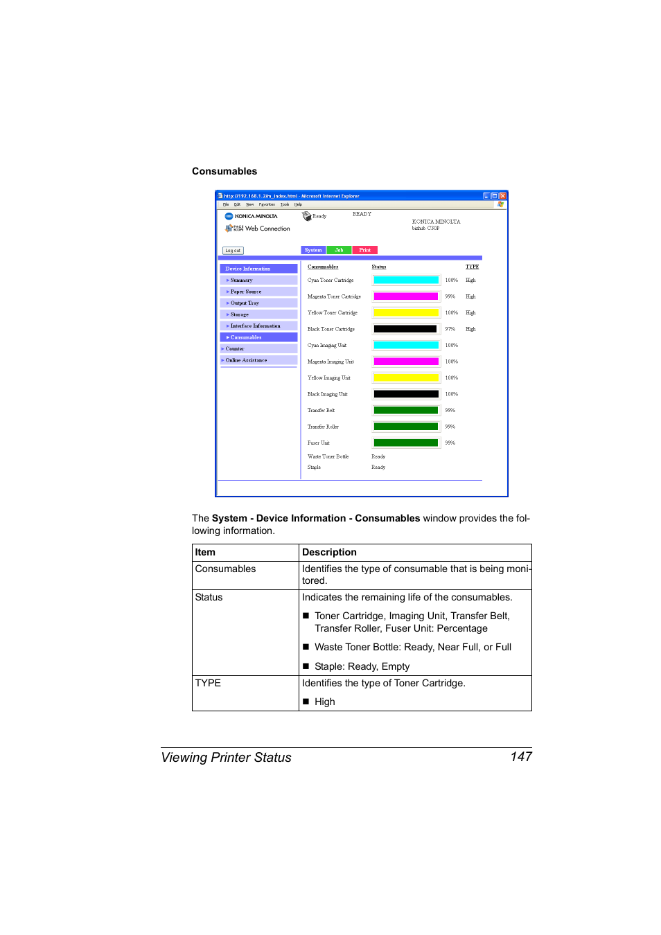 Viewing printer status 147 | Konica Minolta BIZHUB C30P User Manual | Page 165 / 292