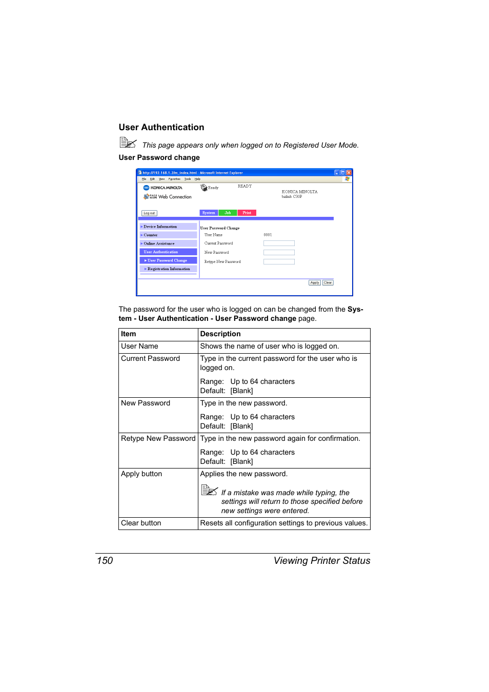User authentication, User authentication 150 | Konica Minolta BIZHUB C30P User Manual | Page 168 / 292