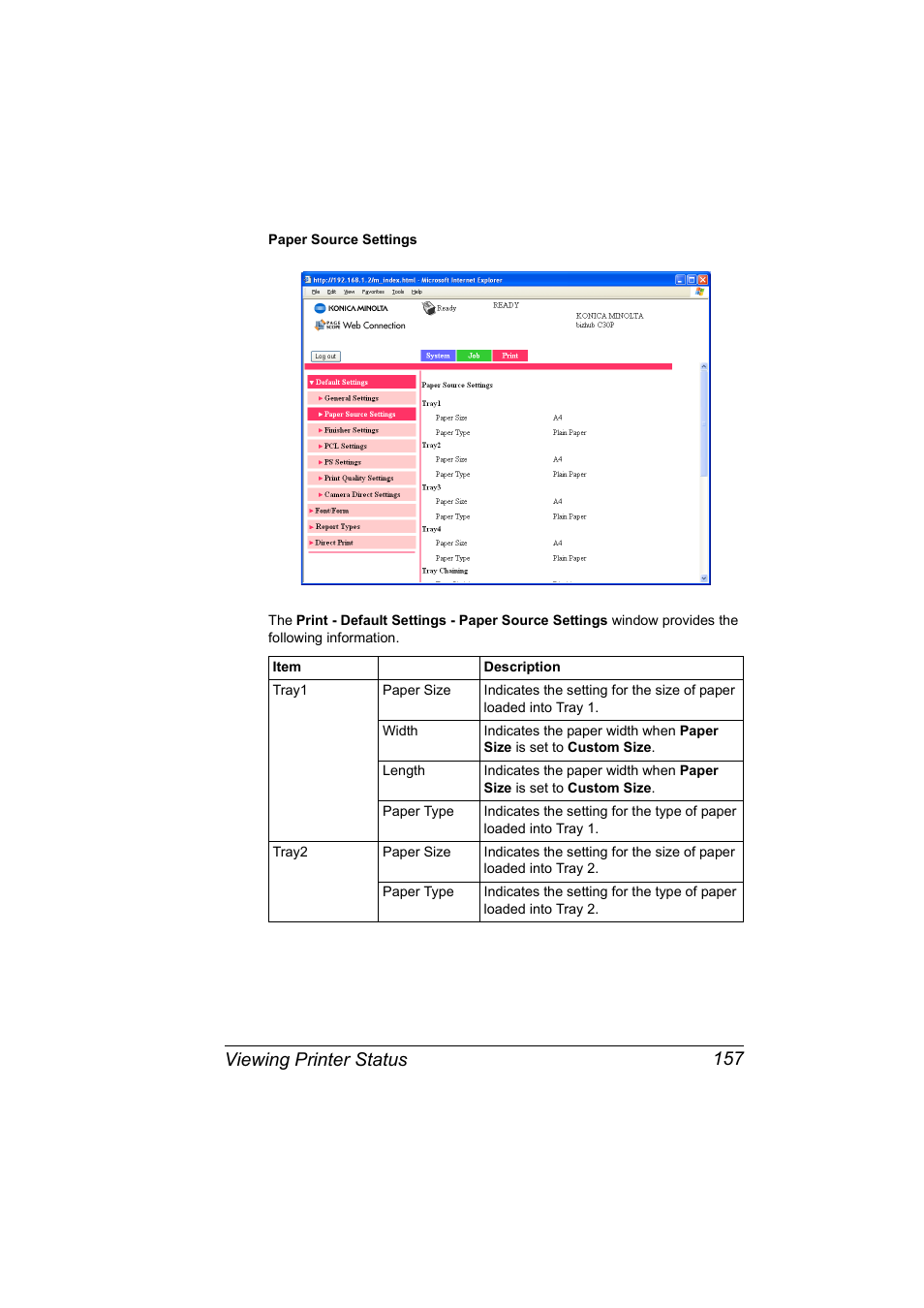 Viewing printer status 157 | Konica Minolta BIZHUB C30P User Manual | Page 175 / 292