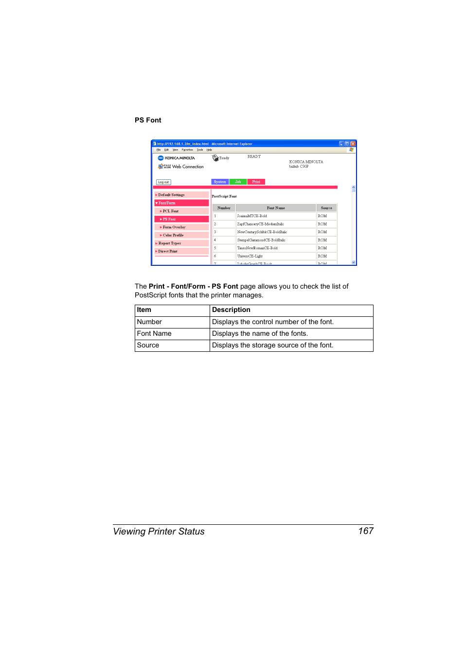 Viewing printer status 167 | Konica Minolta BIZHUB C30P User Manual | Page 185 / 292