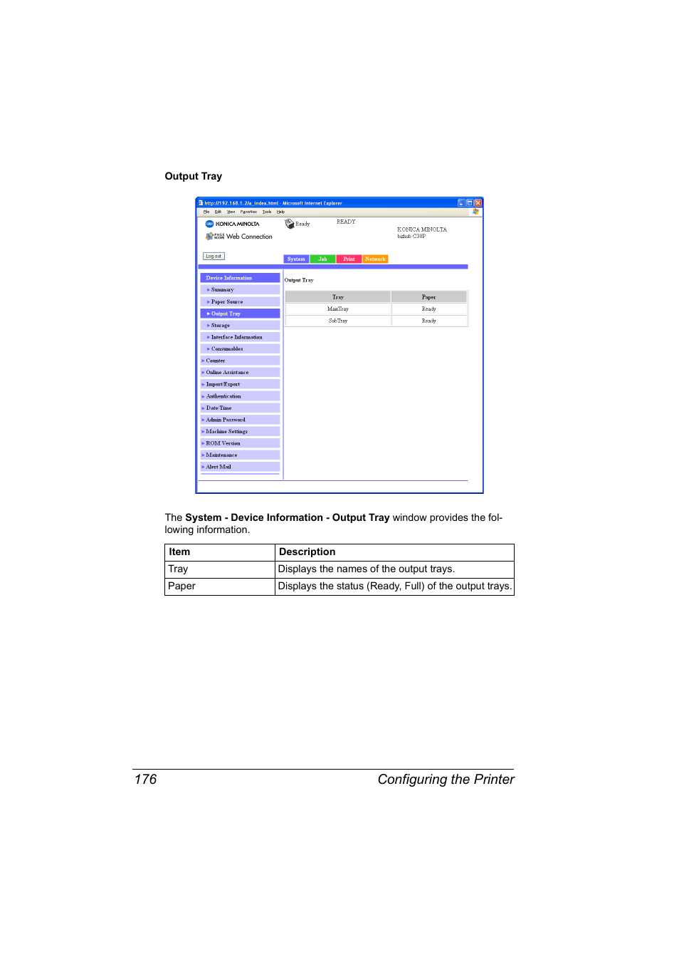 Configuring the printer 176 | Konica Minolta BIZHUB C30P User Manual | Page 194 / 292