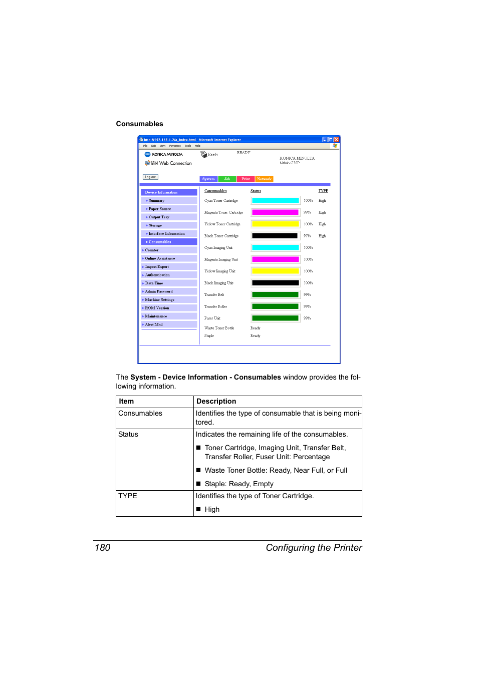 Configuring the printer 180 | Konica Minolta BIZHUB C30P User Manual | Page 198 / 292