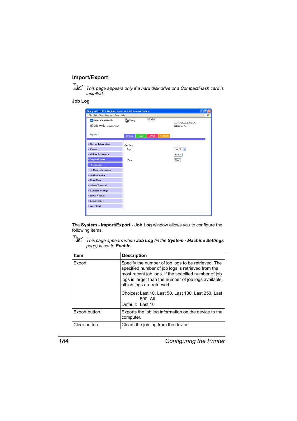 Import/export, Import/export 184 | Konica Minolta BIZHUB C30P User Manual | Page 202 / 292