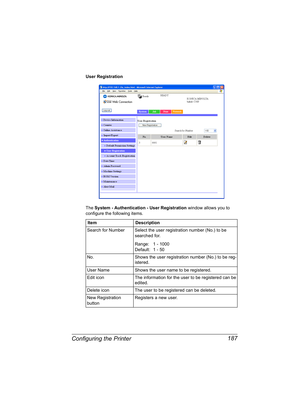 Configuring the printer 187 | Konica Minolta BIZHUB C30P User Manual | Page 205 / 292