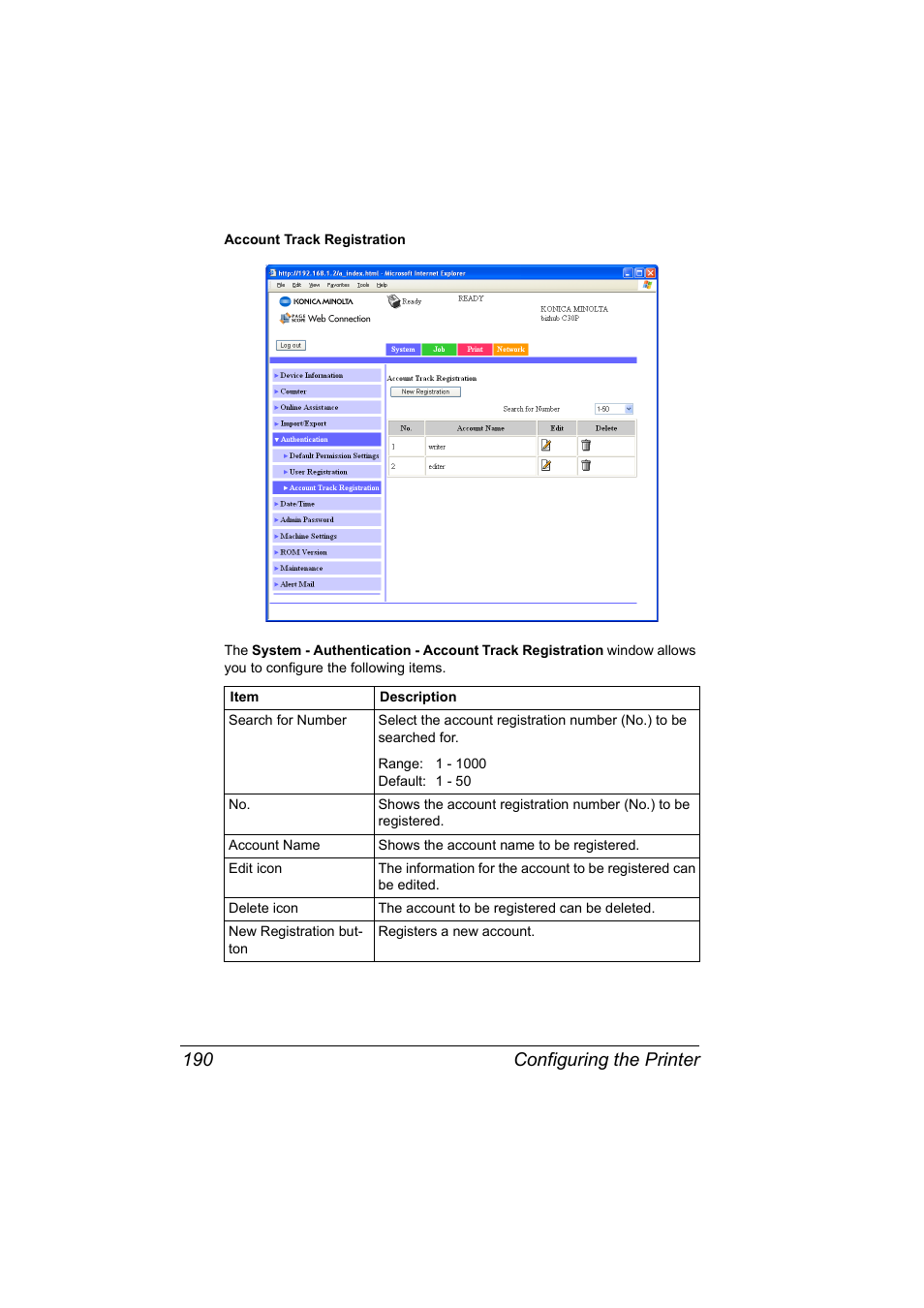 Configuring the printer 190 | Konica Minolta BIZHUB C30P User Manual | Page 208 / 292