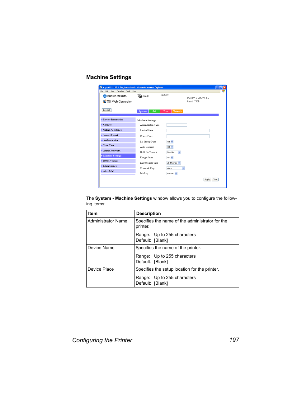Machine settings, Machine settings 197, Configuring the printer 197 | Konica Minolta BIZHUB C30P User Manual | Page 215 / 292
