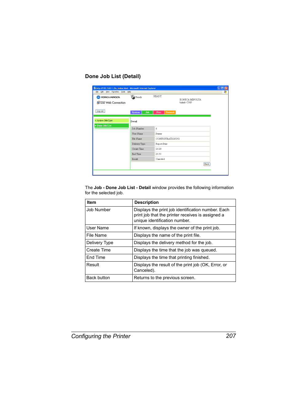 Done job list (detail), Done job list (detail) 207, Configuring the printer 207 | Konica Minolta BIZHUB C30P User Manual | Page 225 / 292