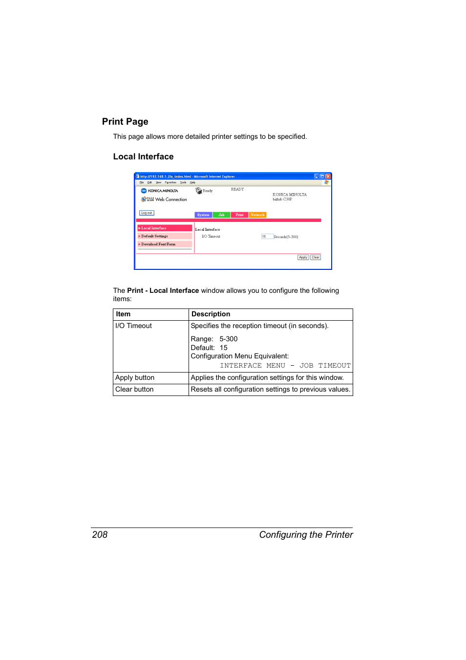 Local interface, Local interface 208, Configuring the printer 208 print page | Konica Minolta BIZHUB C30P User Manual | Page 226 / 292