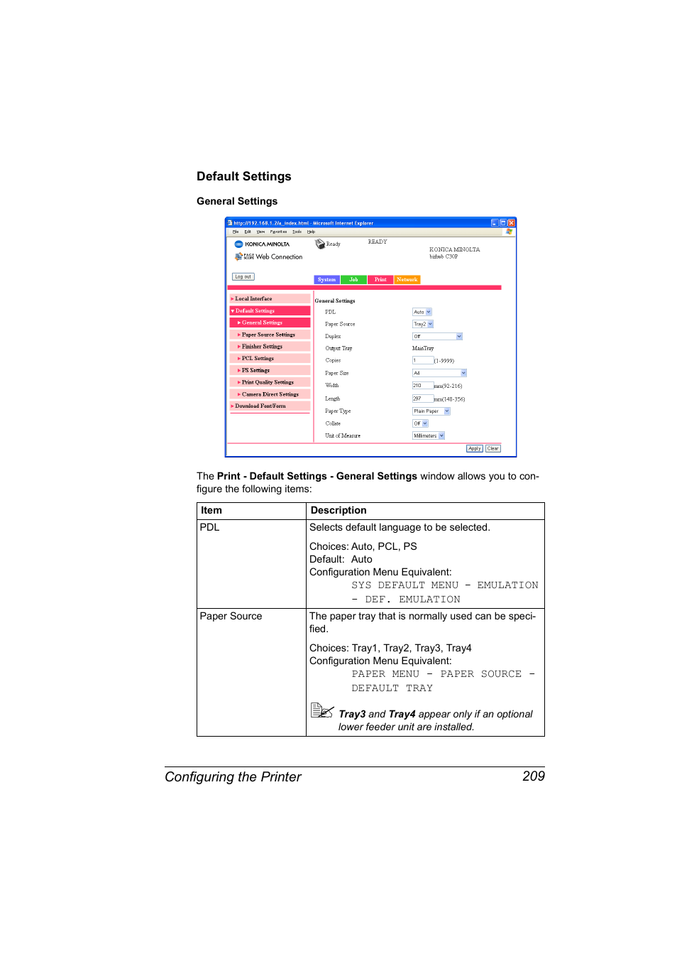 Default settings, Default settings 209 | Konica Minolta BIZHUB C30P User Manual | Page 227 / 292