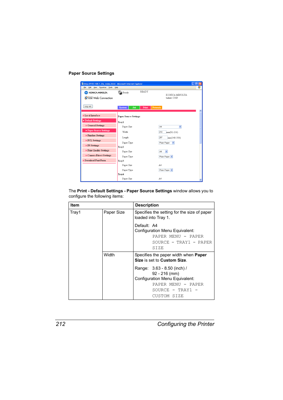 Configuring the printer 212 | Konica Minolta BIZHUB C30P User Manual | Page 230 / 292
