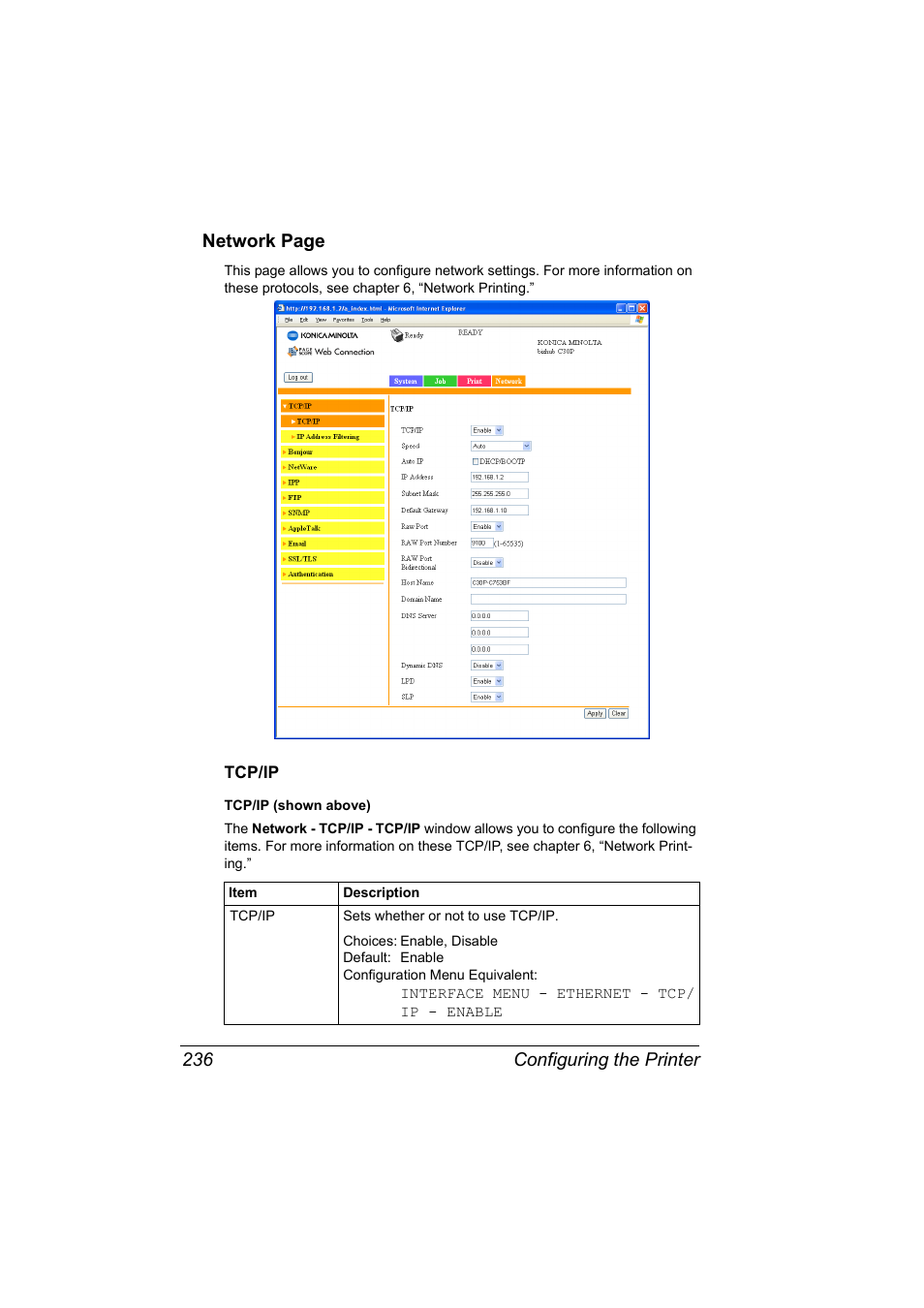 Tcp/ip, Tcp/ip 236 | Konica Minolta BIZHUB C30P User Manual | Page 254 / 292