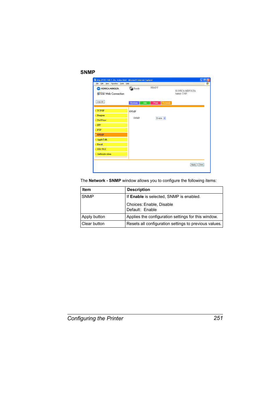 Snmp, Snmp 251, Configuring the printer 251 | Konica Minolta BIZHUB C30P User Manual | Page 269 / 292