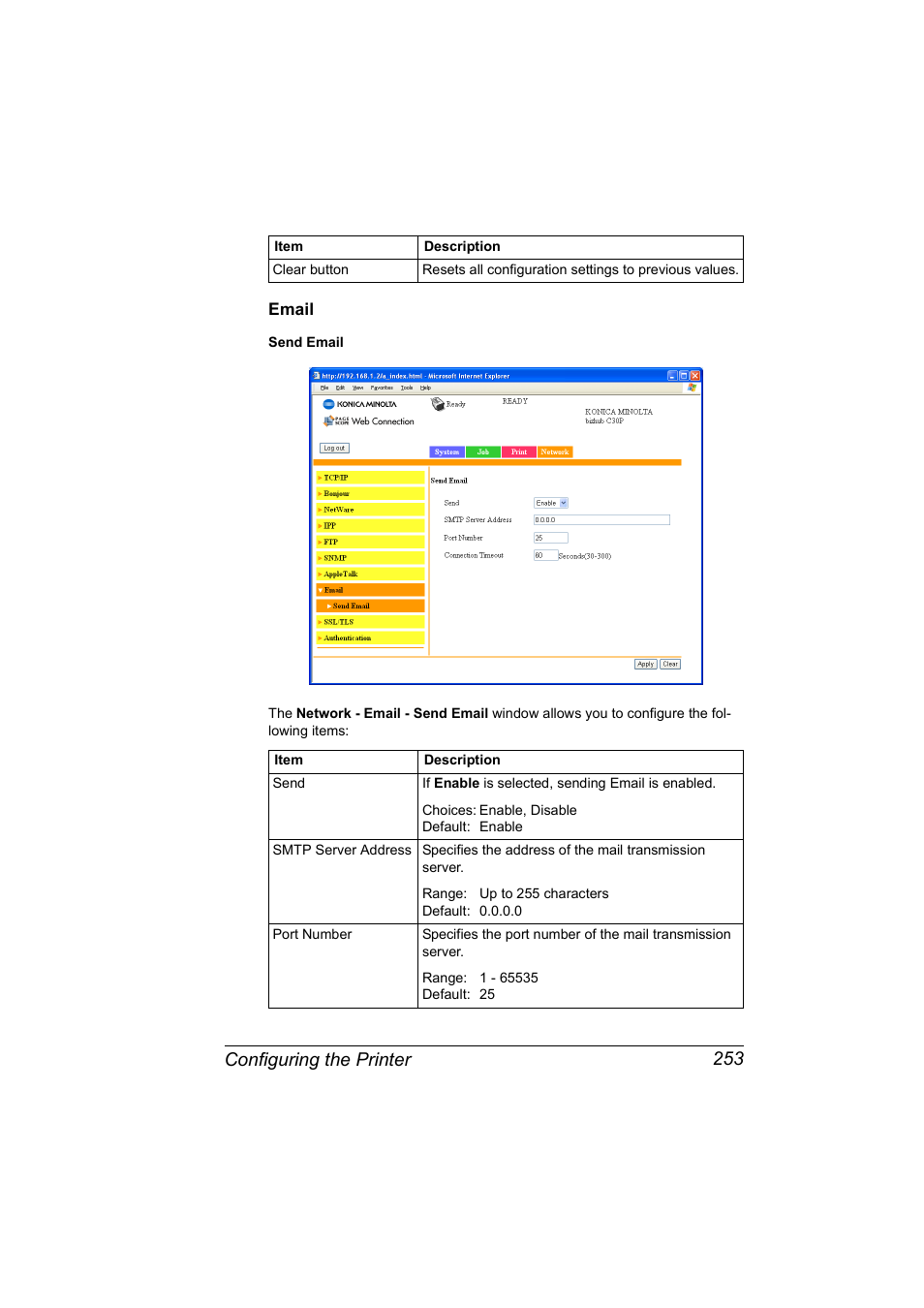 Email, Email 253, Configuring the printer 253 | Konica Minolta BIZHUB C30P User Manual | Page 271 / 292