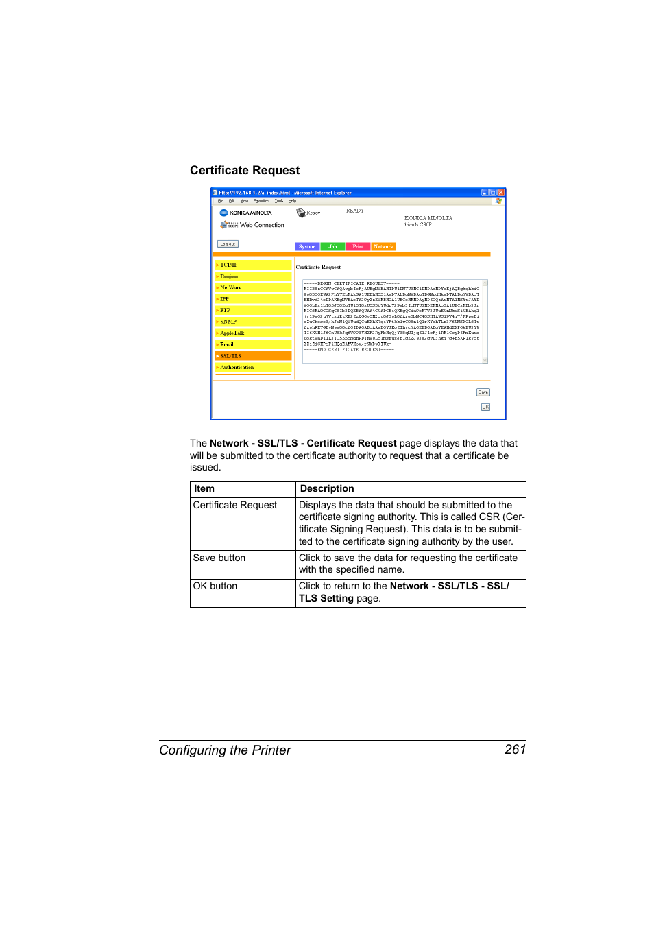 Certificate request, Certificate request 261, Configuring the printer 261 | Konica Minolta BIZHUB C30P User Manual | Page 279 / 292