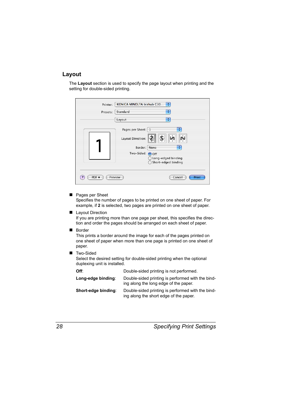 Layout, Specifying print settings 28 layout | Konica Minolta BIZHUB C30P User Manual | Page 46 / 292