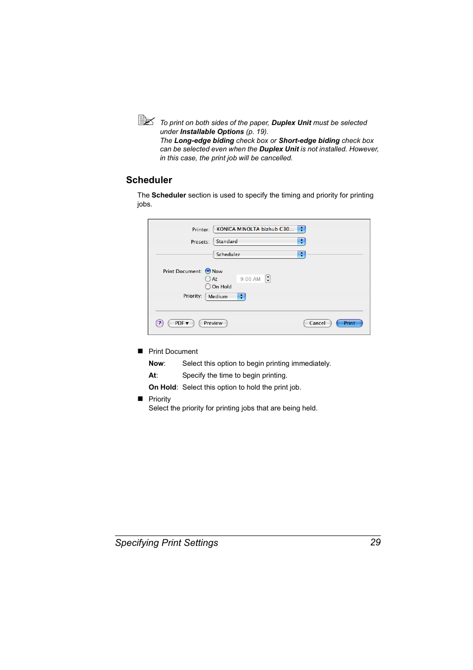 Scheduler, Scheduler 29 | Konica Minolta BIZHUB C30P User Manual | Page 47 / 292