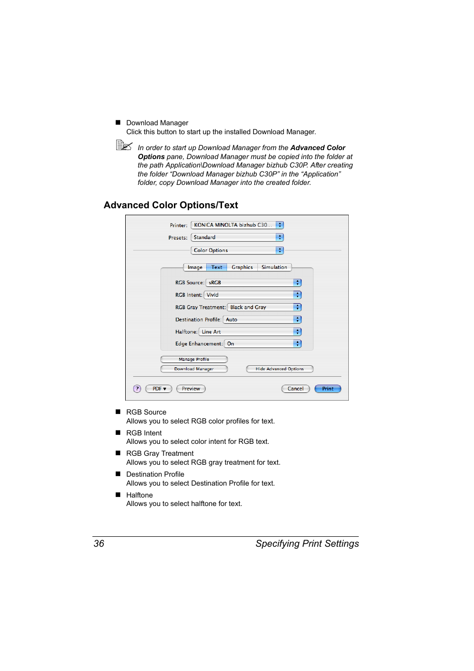 Advanced color options/text, Advanced color options/text 36 | Konica Minolta BIZHUB C30P User Manual | Page 54 / 292