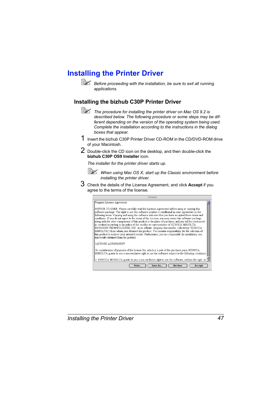 Installing the printer driver, Installing the bizhub c30p printer driver, Installing the printer driver 47 | Installing the bizhub c30p printer driver 47 | Konica Minolta BIZHUB C30P User Manual | Page 65 / 292