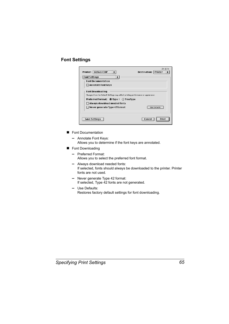 Font settings, Font settings 65 | Konica Minolta BIZHUB C30P User Manual | Page 83 / 292