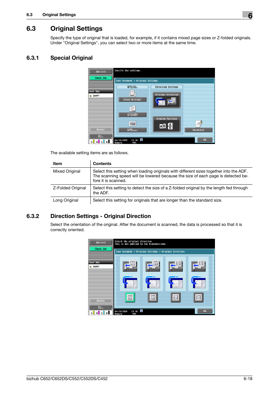 3 original settings, 1 special original, 2 direction settings - original direction | Original settings -18, Special original -18, Direction settings - original direction -18, P. 6-18) | Konica Minolta BIZHUB C652DS User Manual | Page 104 / 300