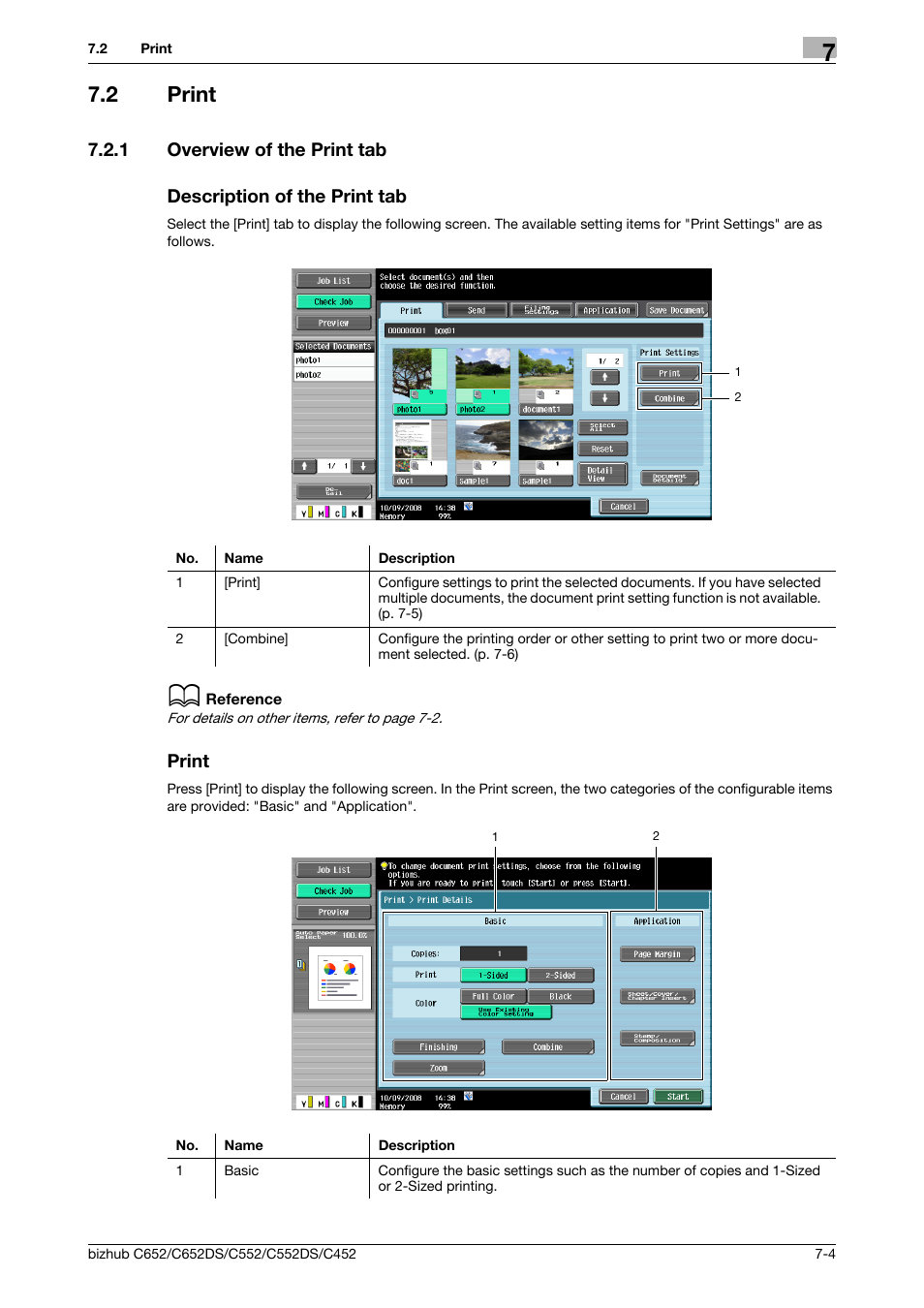 2 print, 1 overview of the print tab, Description of the print tab | Print, Print -4, Print]. (p. 7-4) | Konica Minolta BIZHUB C652DS User Manual | Page 109 / 300