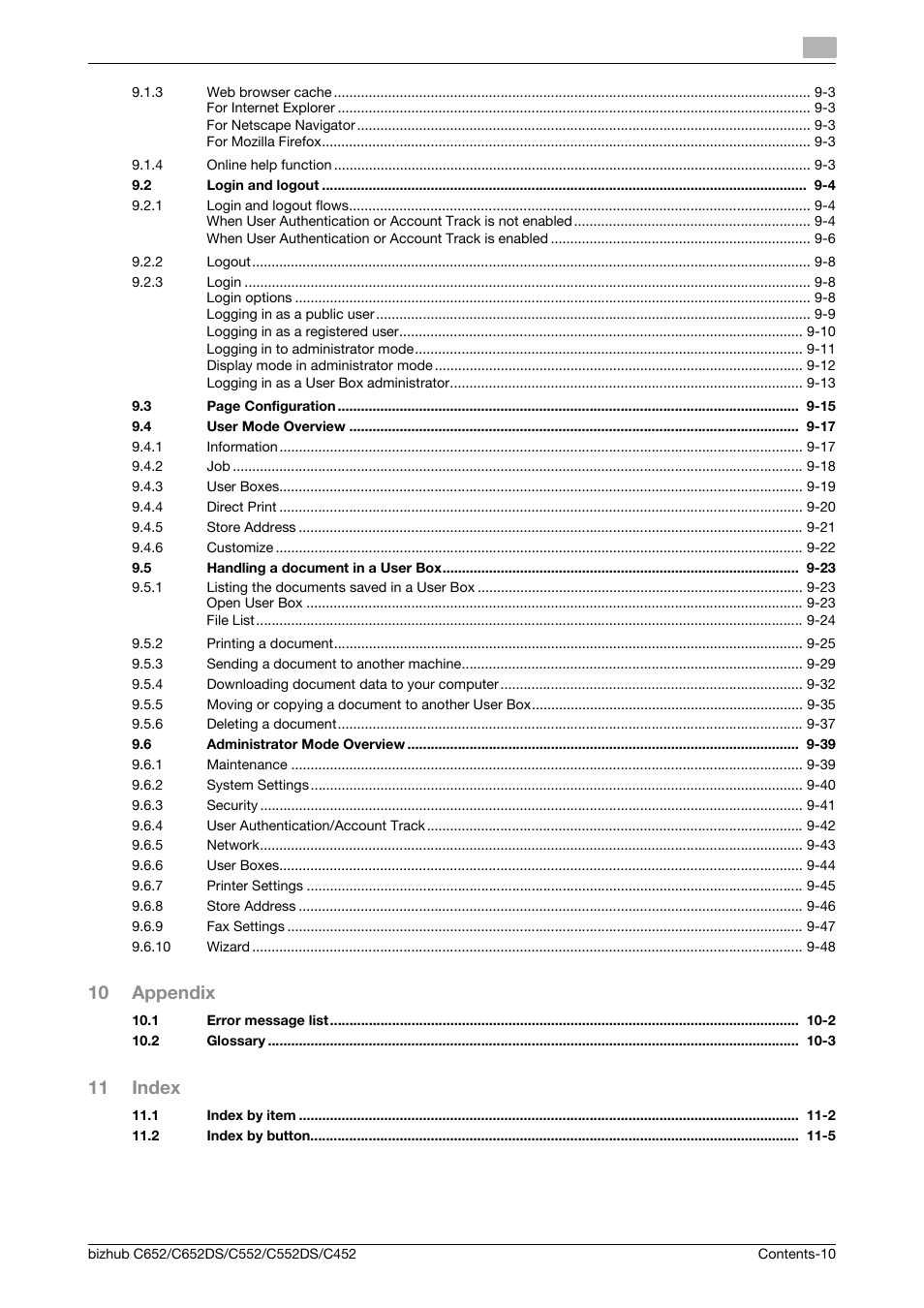 10 appendix, 11 index | Konica Minolta BIZHUB C652DS User Manual | Page 11 / 300
