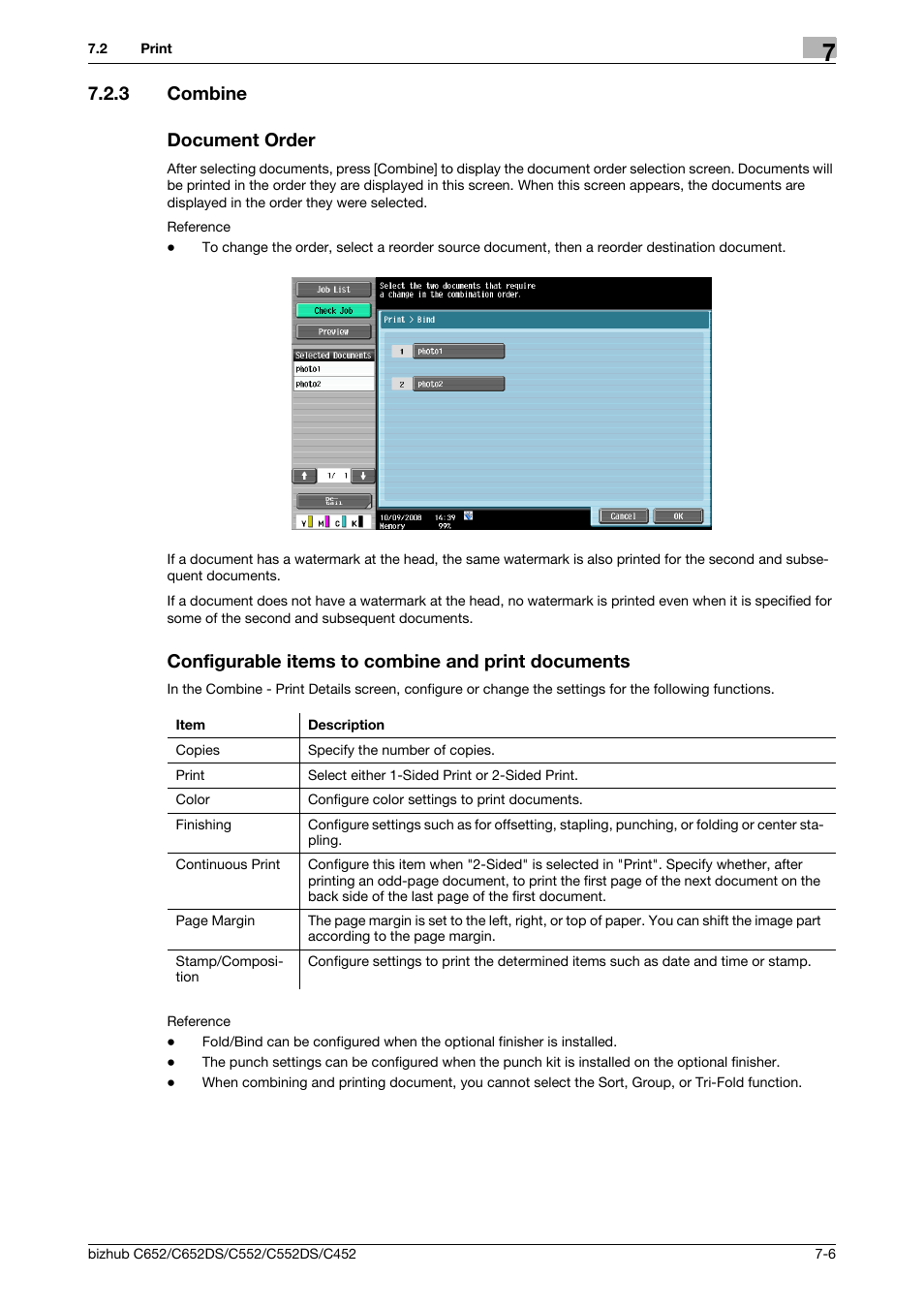 3 combine, Document order, Configurable items to combine and print documents | P. 7-6), 3 combine document order | Konica Minolta BIZHUB C652DS User Manual | Page 111 / 300