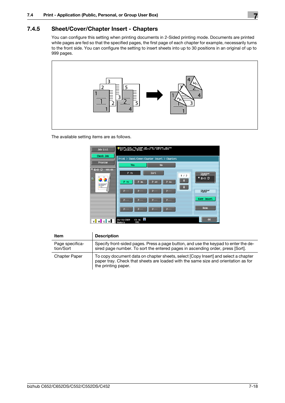 5 sheet/cover/chapter insert - chapters, Sheet/cover/chapter insert - chapters -18, Chapters (p. 7-18) | Rs (p. 7-18) | Konica Minolta BIZHUB C652DS User Manual | Page 123 / 300