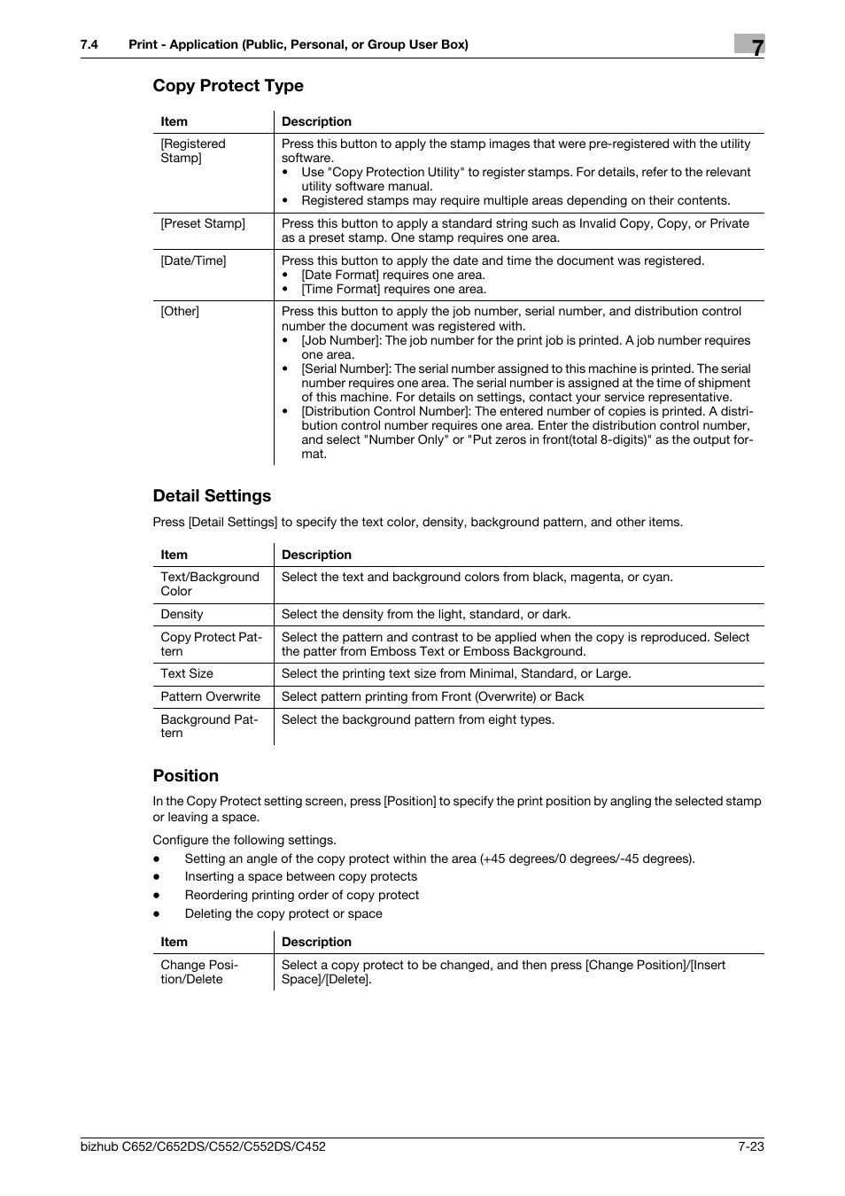 Copy protect type, Detail settings, Position | P. 7-23), Copy protect type detail settings | Konica Minolta BIZHUB C652DS User Manual | Page 128 / 300