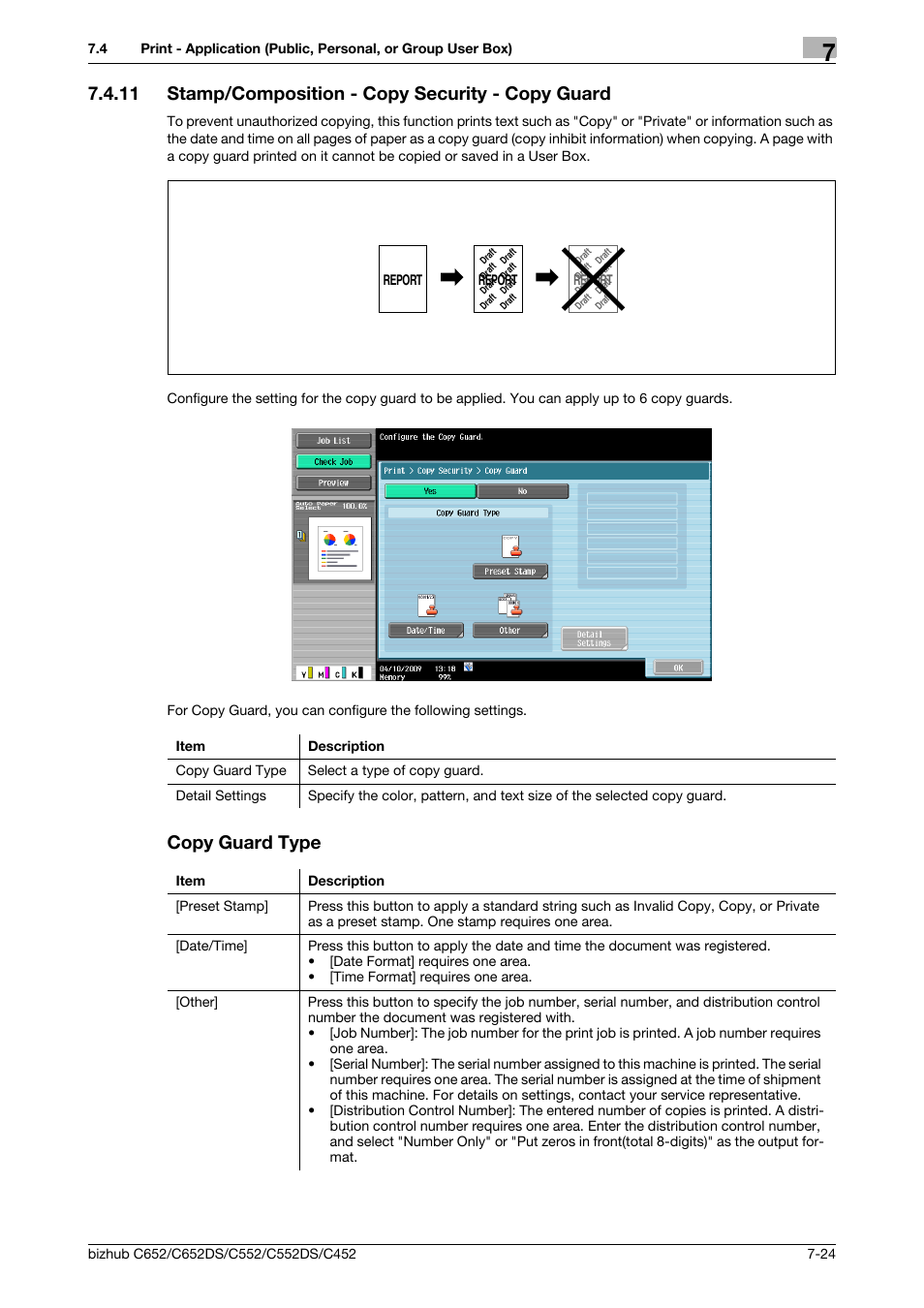 11 stamp/composition - copy security - copy guard, Copy guard type, P. 7-24) | Konica Minolta BIZHUB C652DS User Manual | Page 129 / 300
