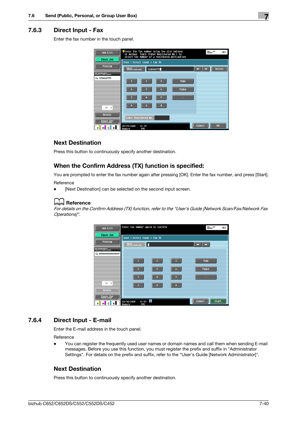 3 direct input - fax, Next destination, 4 direct input - e-mail | Direct input - e-mail -40 next destination -40, Ax (p. 7-40), Mail (p. 7-40), P. 7-40 | Konica Minolta BIZHUB C652DS User Manual | Page 145 / 300