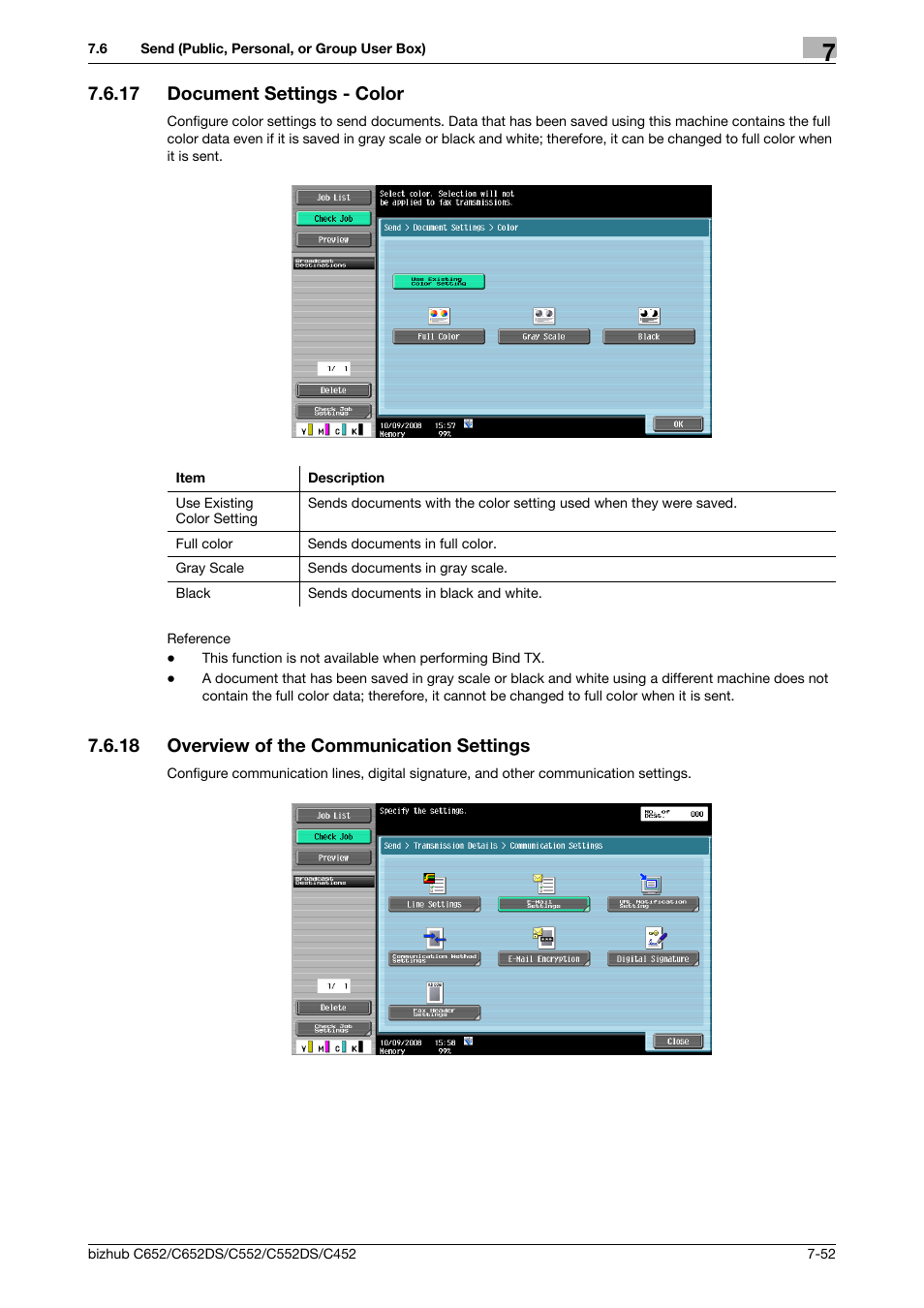 17 document settings - color, 18 overview of the communication settings, Document settings - color -52 | Overview of the communication settings -52, Color (p. 7-52), Lor (p. 7-52) | Konica Minolta BIZHUB C652DS User Manual | Page 157 / 300