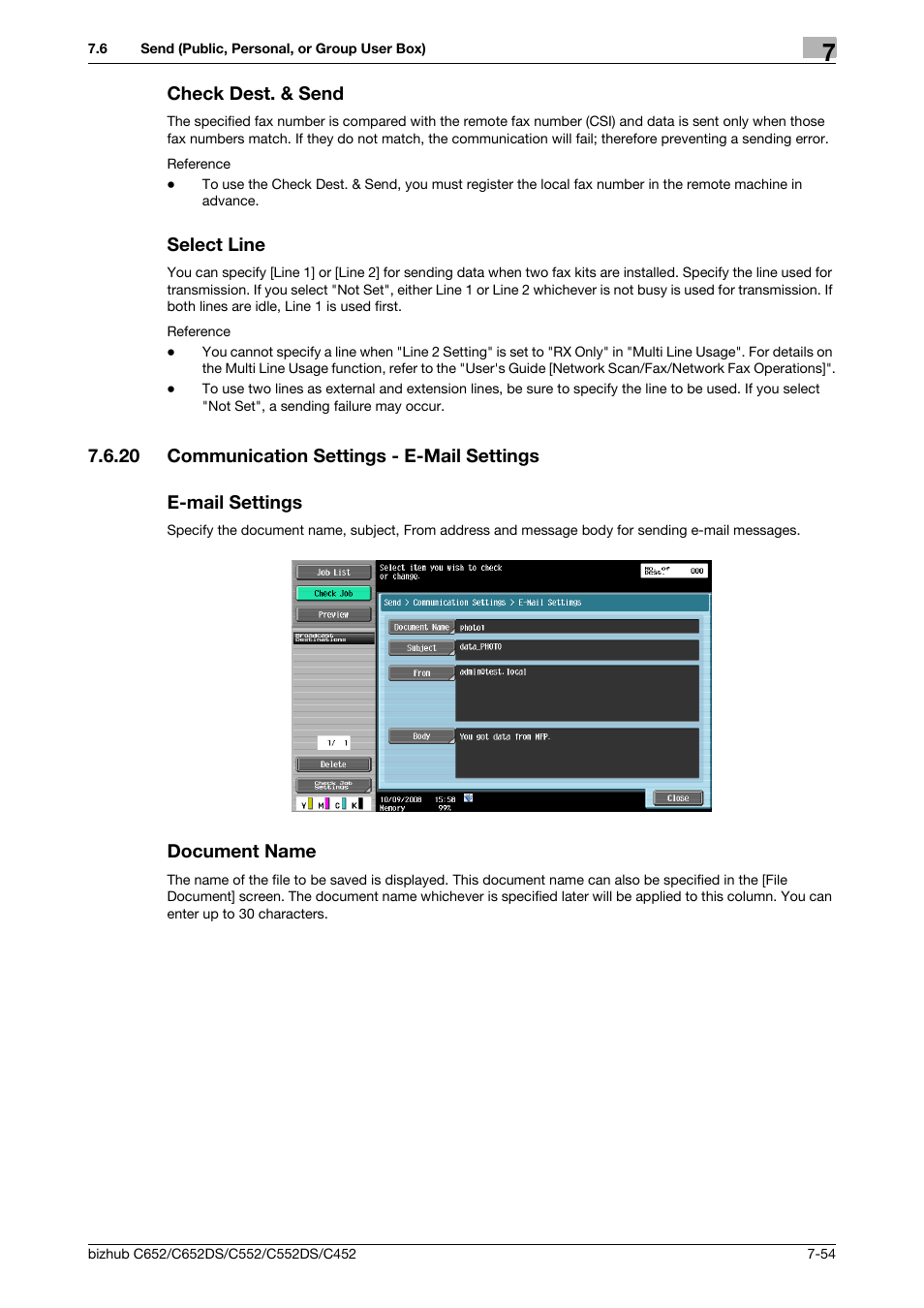 Check dest. & send, Select line, 20 communication settings - e-mail settings | E-mail settings, Document name, Check dest. & send -54 select line -54, Send (p. 7-54, P. 7-54) | Konica Minolta BIZHUB C652DS User Manual | Page 159 / 300